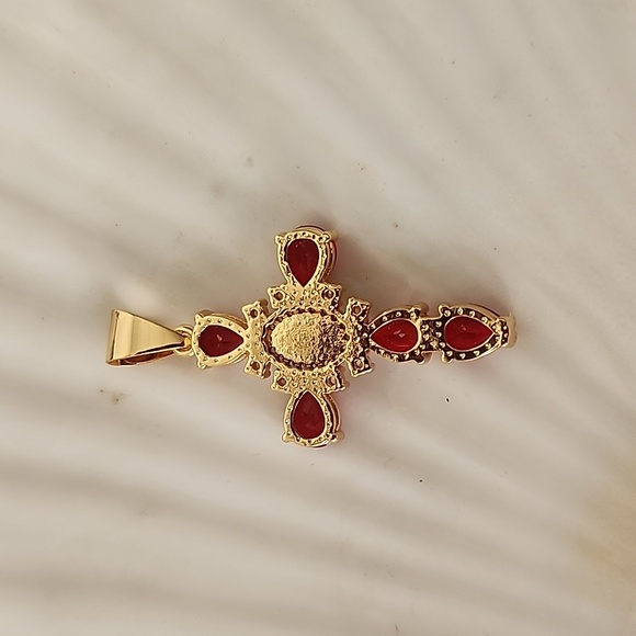 Gold Steel Cross Pendant Crystal Simulated Red Ruby Stones and Virgin Ma… - Picture 5 of 8
